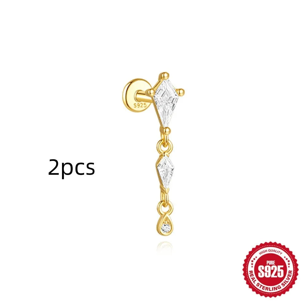 S925 sterling silver geometric kite shaped earrings with chain tassel and rhinestone detailing in gold tone finish