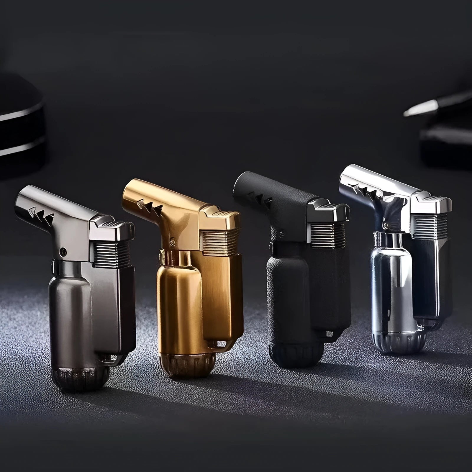 HB805-1 full metal windproof punch lighter in black, gold, gray, or silver finish