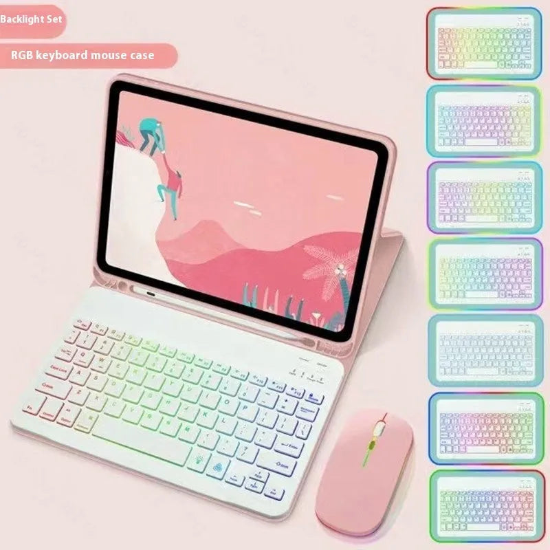 Colourful iPad leather case with attached luminous RGB backlit Bluetooth keyboard on a desk.