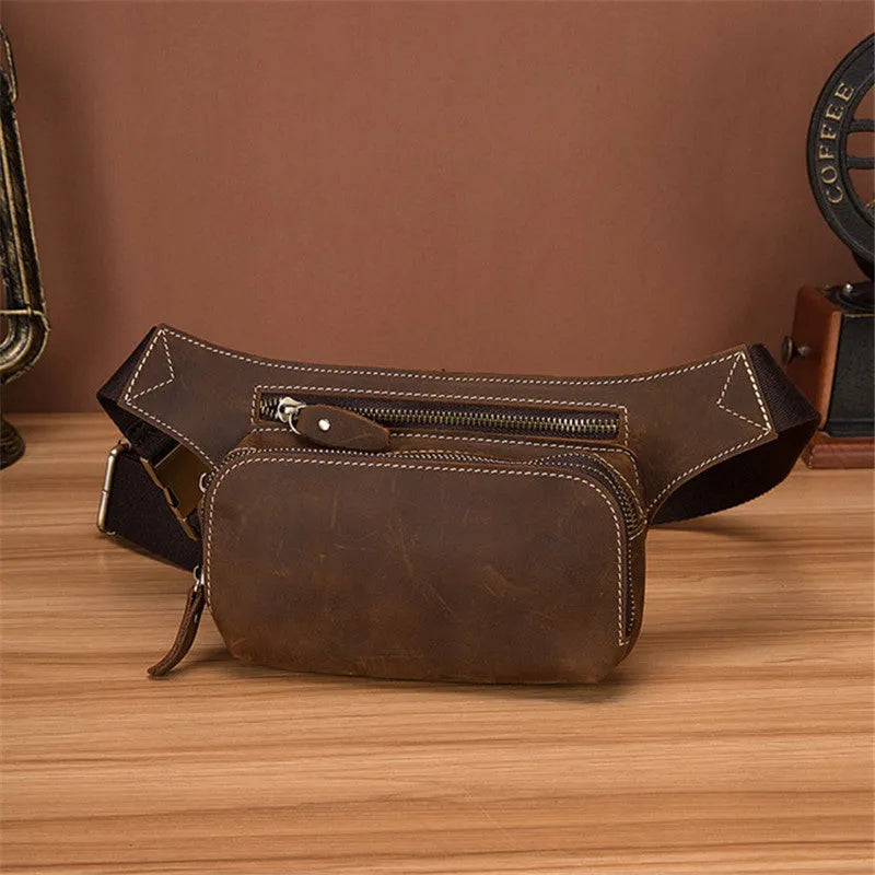 Brown top layer cowhide leather men's sports waist bag showing pull closure