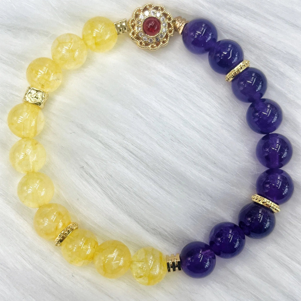Handmade women's amethyst crystal bracelet with yellow and purple colour combination