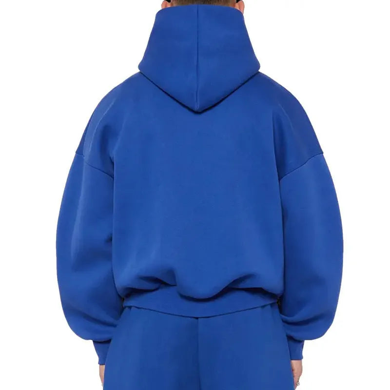 Men's grey fleece-lined cotton pullover hoodie with long sleeves on a hanger.