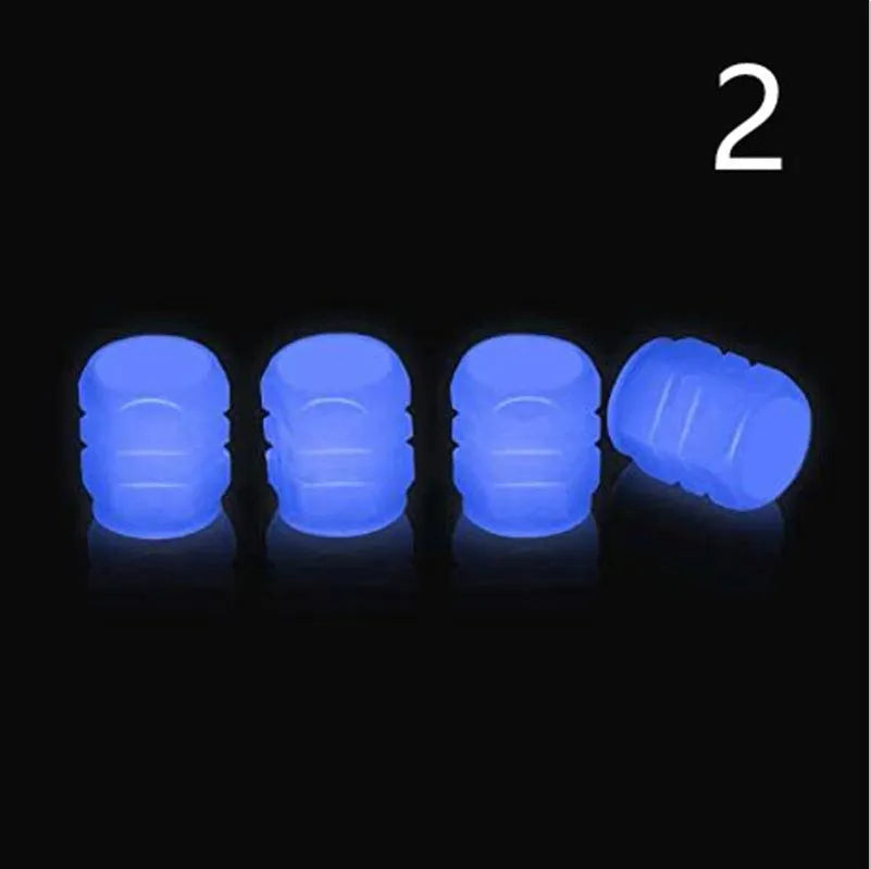 Rubber luminous tyre valve caps in multiple colours showing pack size options for bicycle and motorbike wheels