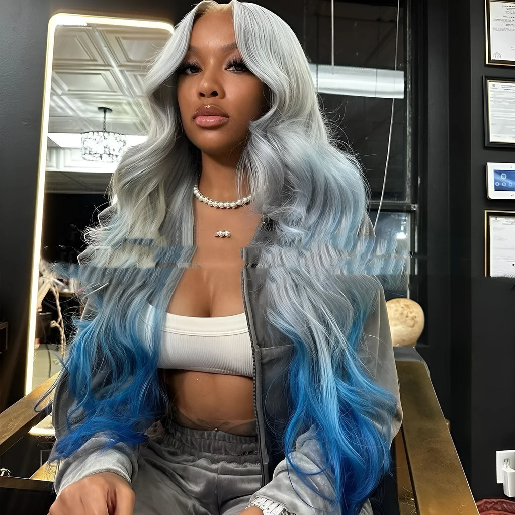 Gray and blue gradient human hair lace front headband wig on a model, showing long wavy hairstyle.