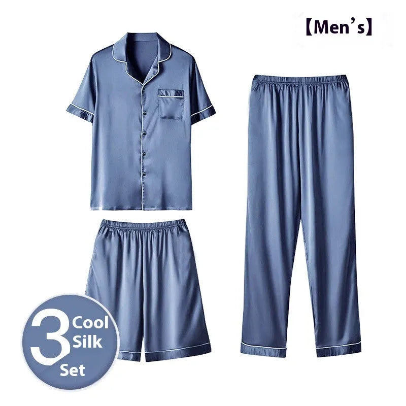 Men's ice silk three-piece homewear set in multiple colours showing top, shorts, and trousers for lounge wear