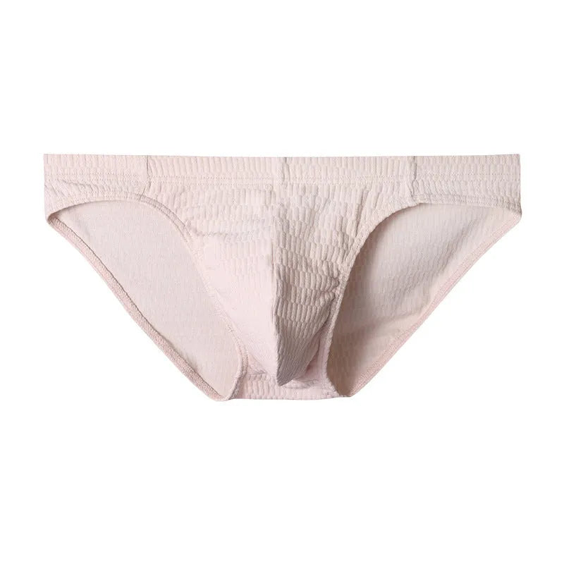Men's pure cotton triangle underwear briefs in solid colours like black, white, and apricot on a mid-waist fit model.