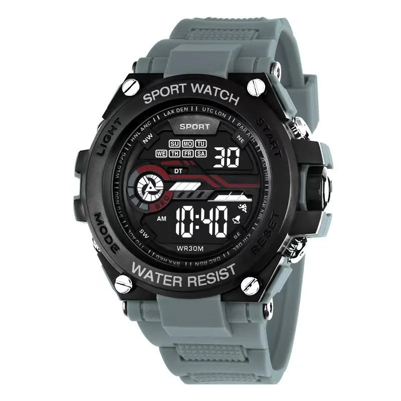 Digital electronic wristwatch with a colourful silicone strap on a wrist, showing the LED display.