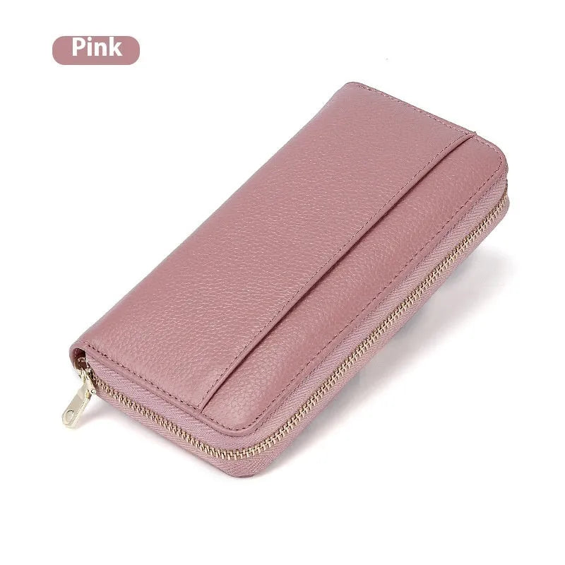 Genuine leather women's wallet showing interior organisation and anti-theft card protection features
