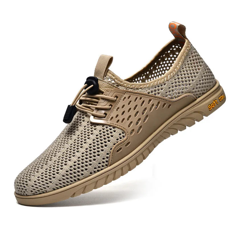 Men's black mesh casual shoes with elastic closure and round toe design
