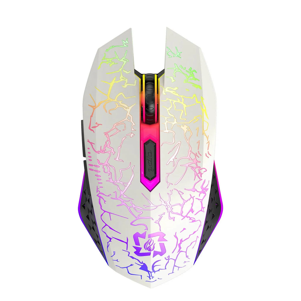 Black and white versions of a wireless gaming mouse with luminous breathing light on a desk with charging cable.