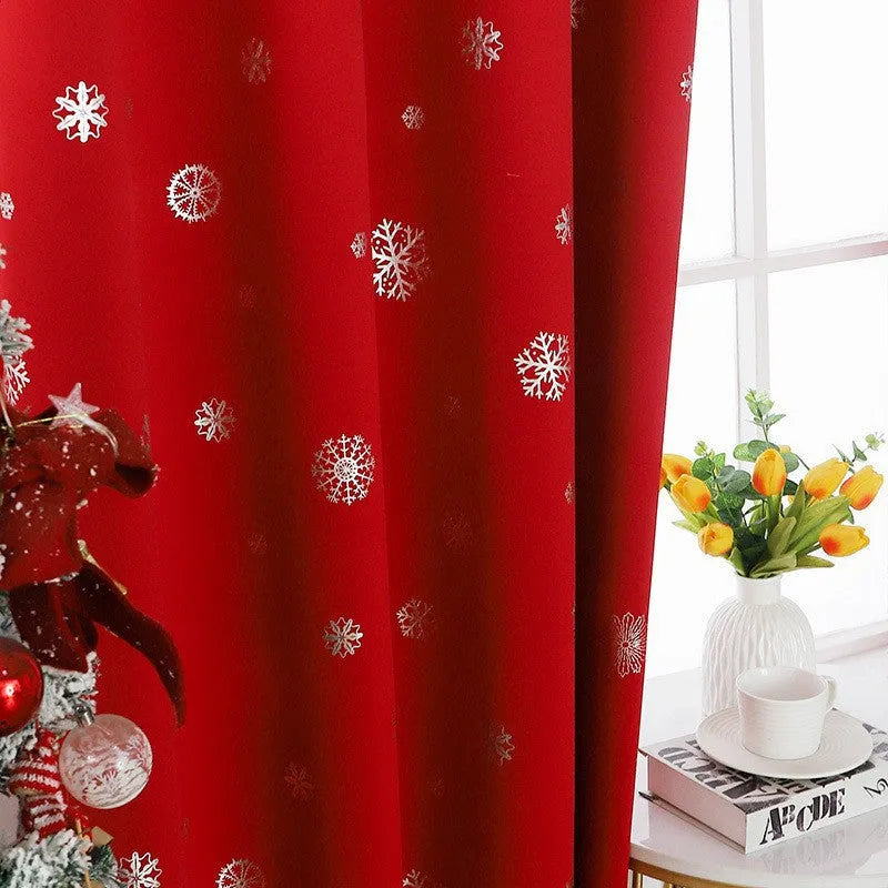 Polyester shade cloth curtain with snowflake pattern in red or green with lace loop or iron hoop trim