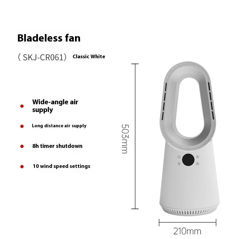 White SK bladeless tower fan standing on a floor, showing its sleek column design and touch control panel.
