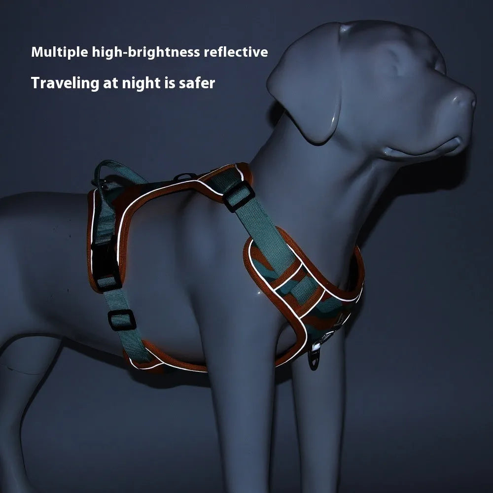 Orange Oxford cloth dog harness with reflective hand-holding rope on a dog's chest and back.