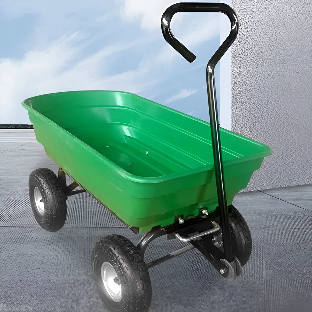 Green four-wheel plastic dump truck for agricultural tools with steel frame