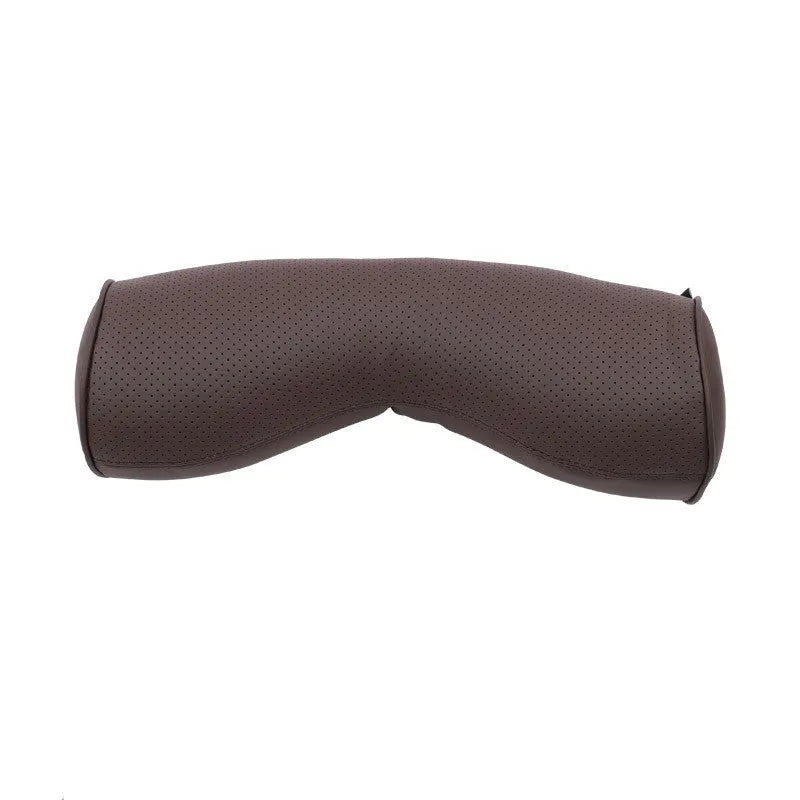 Car headrest cushion, lumbar support, and neck pillow set in brown colour on car seat