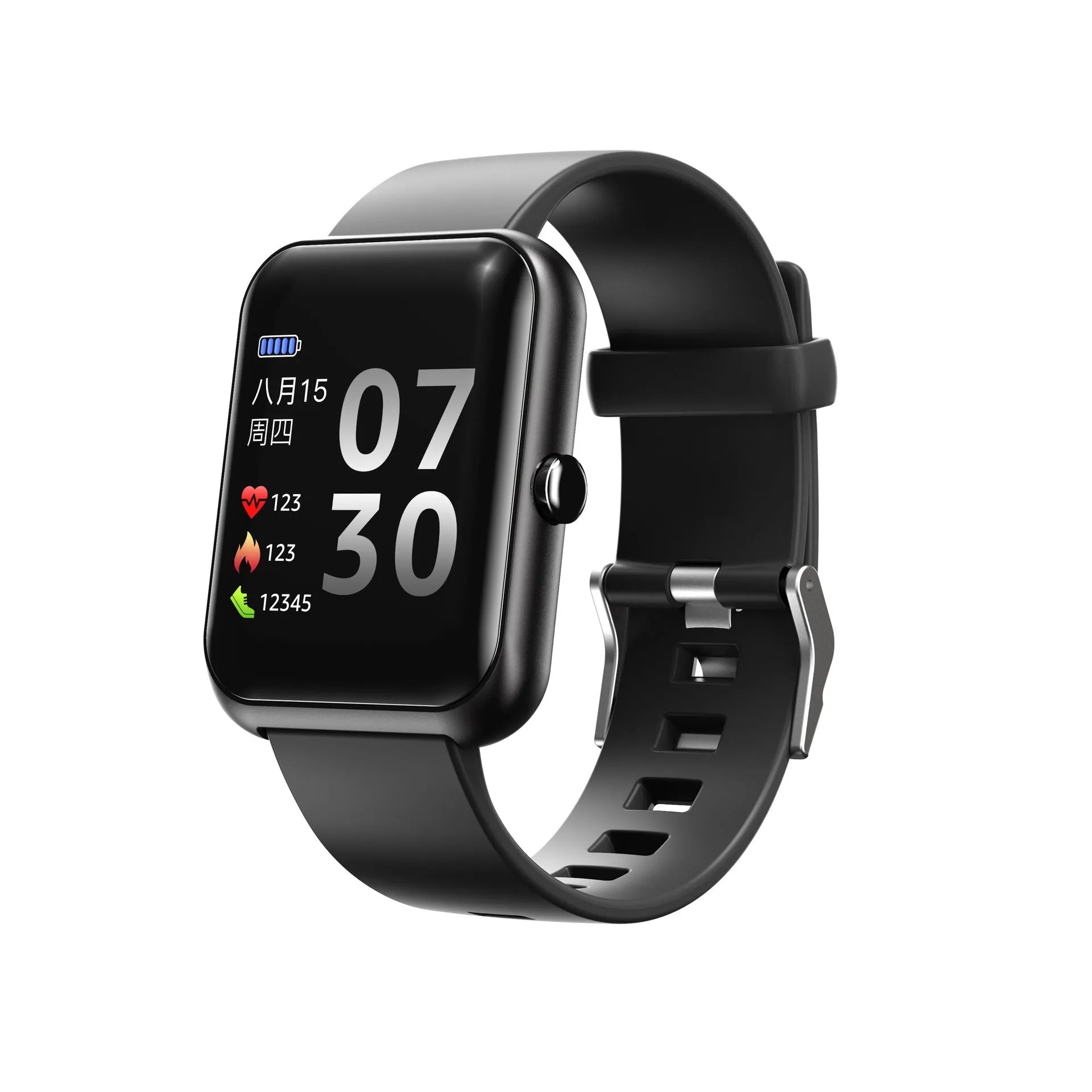 Square couple smart sports watch with a silicone strap on a wrist, showing Bluetooth connectivity.