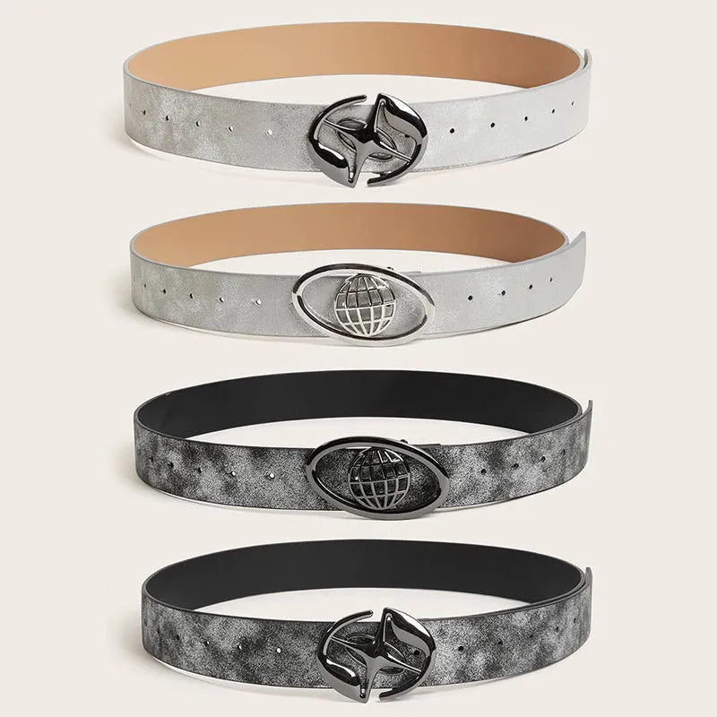 Women's vintage oval buckle belt in grey PU leather with thick width and alloy fastening