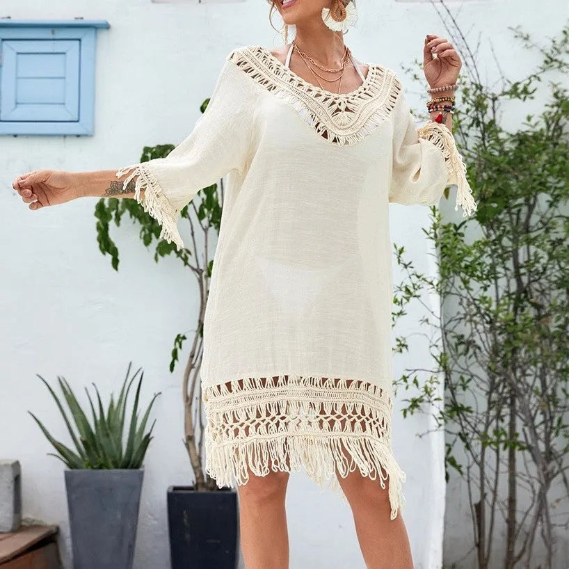 Apricot crocheted patchwork women's dress with half sleeves and mid-length skirt