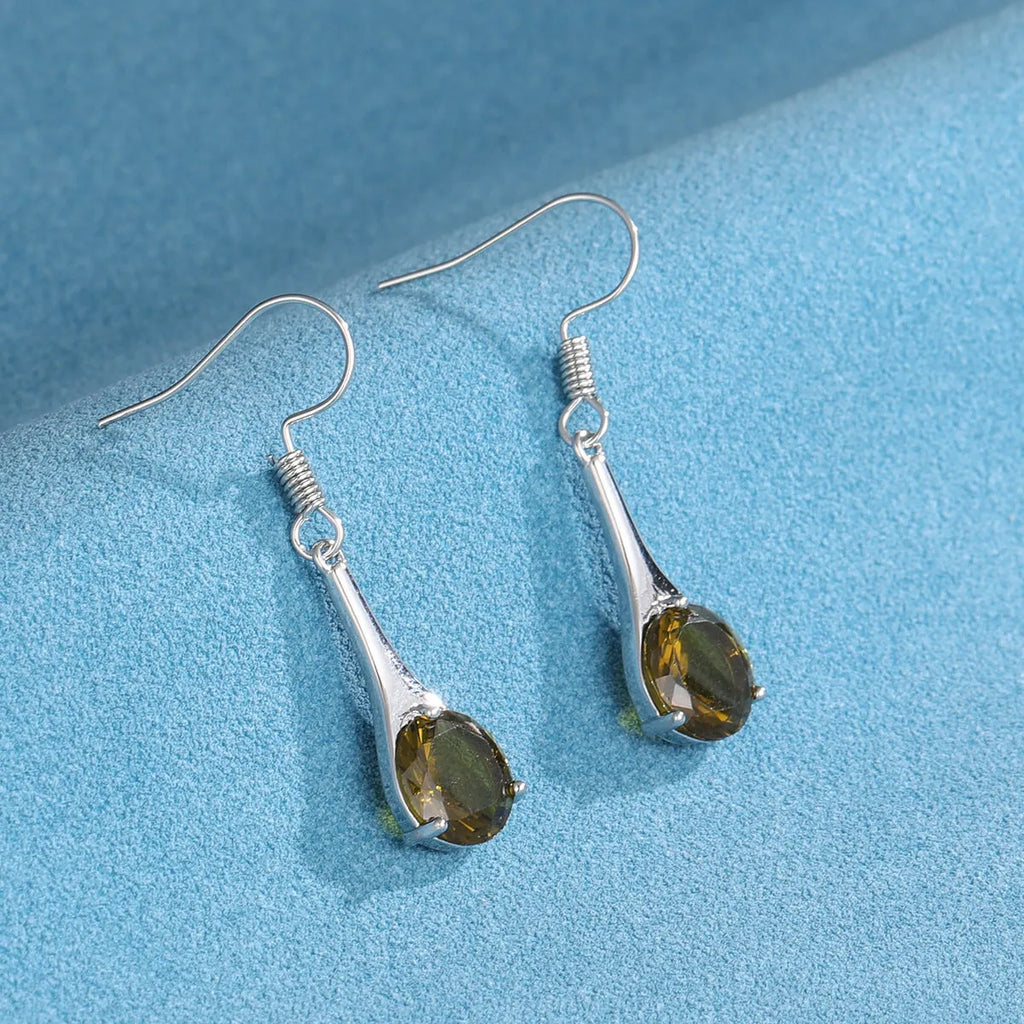 Olive green topaz earrings with water drop shape and electroplated alloy construction