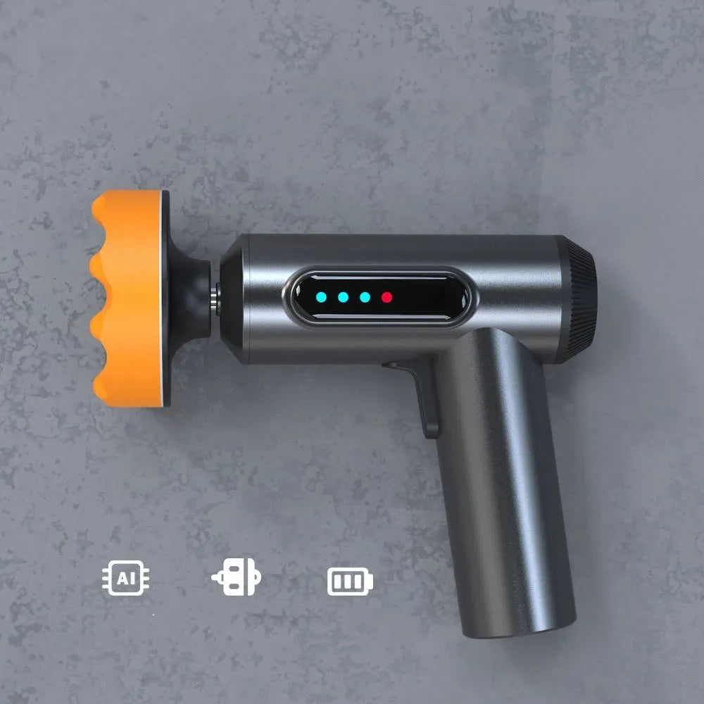 Cordless electric waxing and polishing machine with a white housing and a circular black polishing pad.