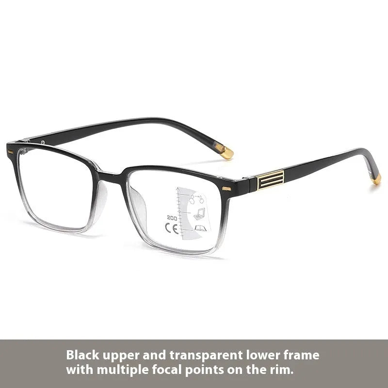 Multifocal reading glasses with anti-blue light and photochromic lenses in black frame with gold accents