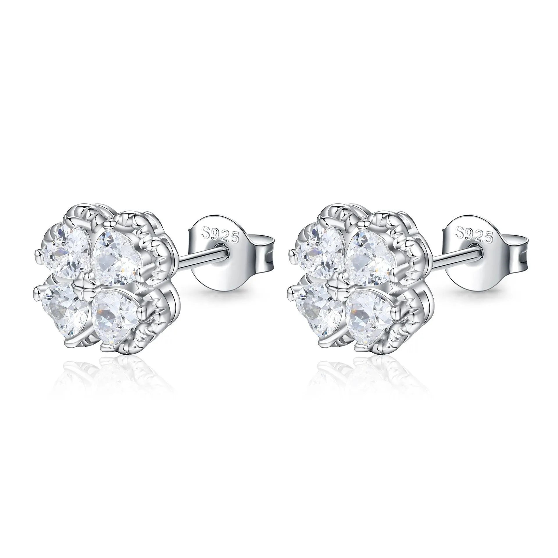 925 silver heart-shaped zircon earrings with four-leaf clover design in white gold colour