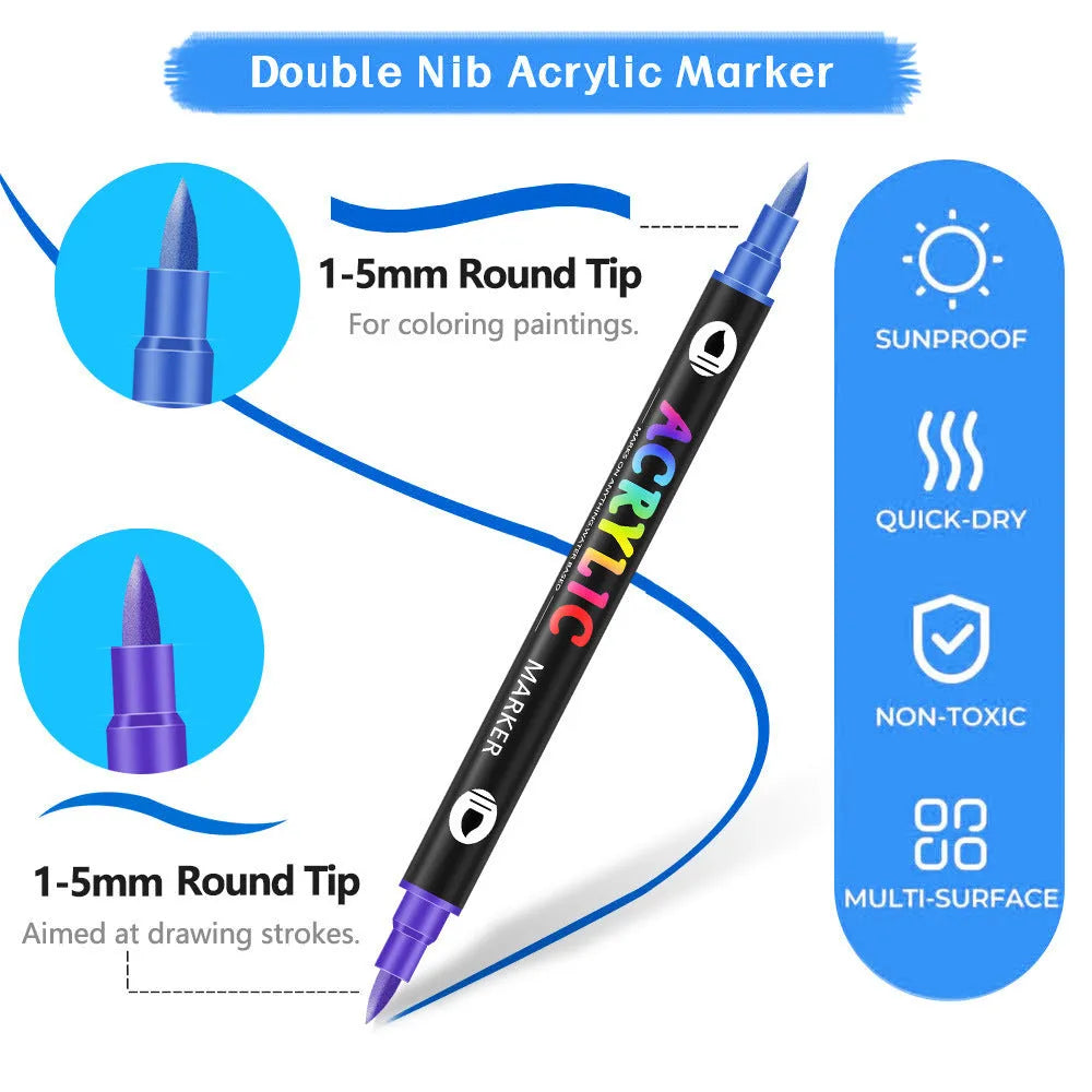 Set of double-tipped acrylic marker pens showing washable opaque colours in 12, 24 or 36 piece options