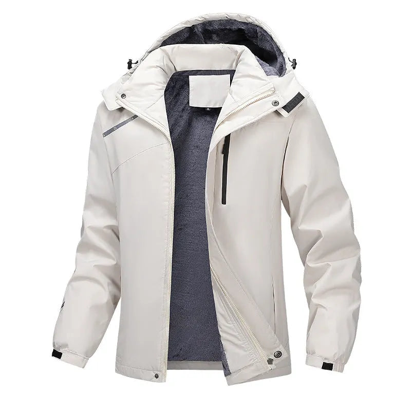 Men's plus size hooded waterproof coat in army green colour showing loose fit design