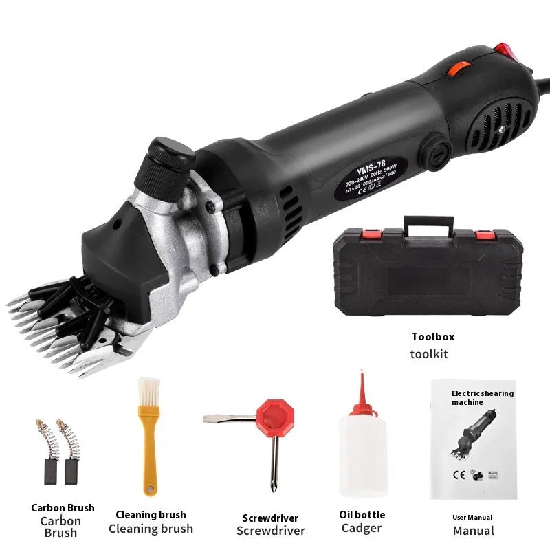 Yellow electric wool shearing machine with 110V plug and multiple blade sets in plastic storage case