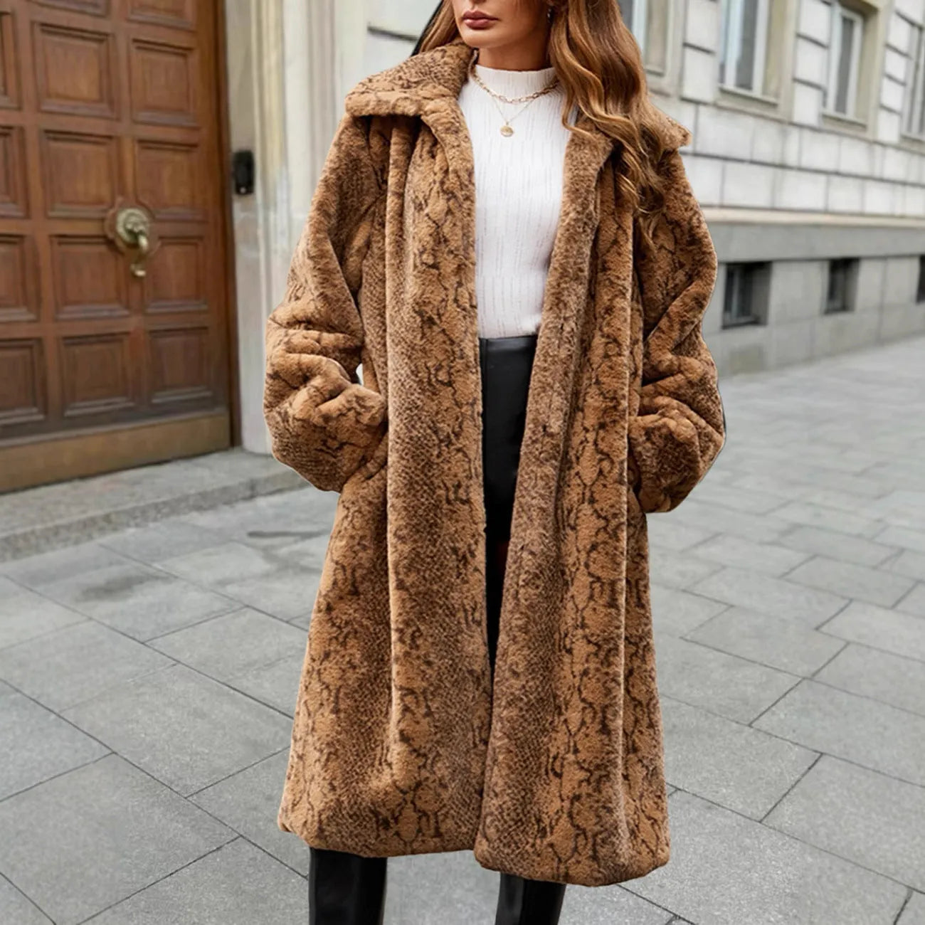 Women's long brown leopard print plush faux fur over-the-knee coat