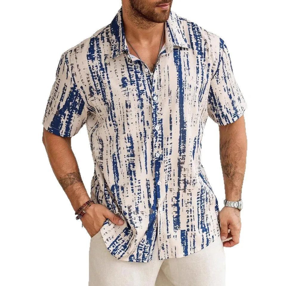 Men's short sleeve casual shirt with blue and white stripes, 3D digital printed on lightweight polyester fabric.