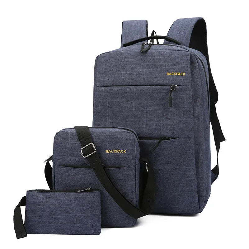 Men's USB charging computer bag three-piece set in black nylon with multiple compartments and air pillow belt