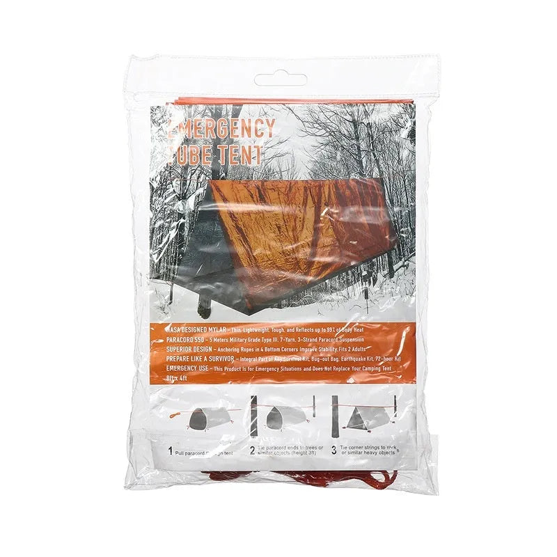 Orange portable disaster relief tent kit with sleeping bag and emergency blanket laid out.