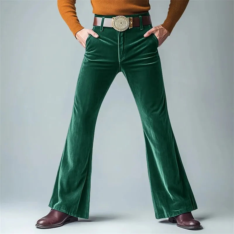 Men's gold velvet slim flared suit trousers in polyester blend fabric