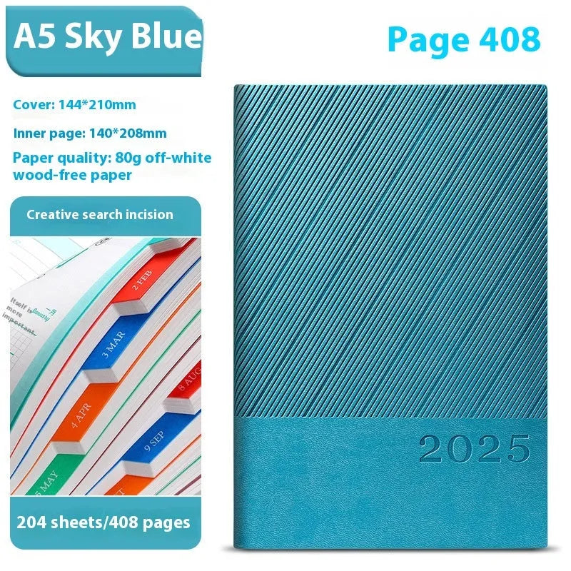 Thick business notepad with striped PU leather cover showing colour options and open pages