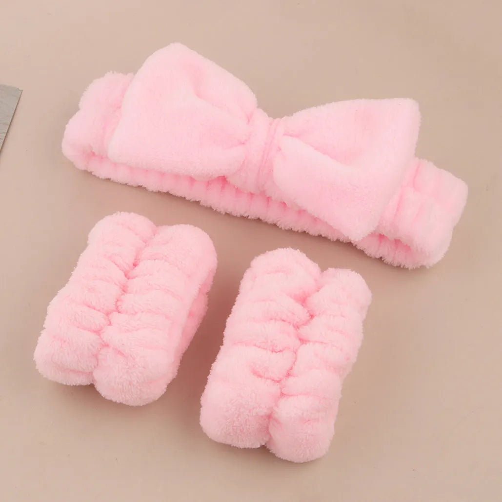 Facial brush set with coral fleece hair band, absorbent headband, and waterproof shower brush in purple colour