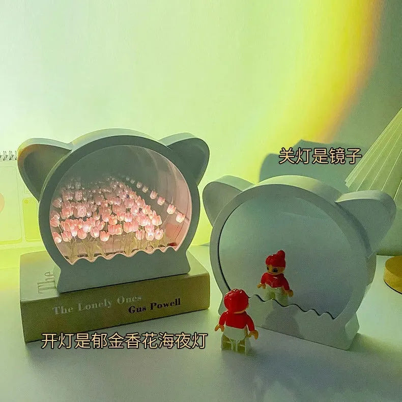 Handmade DIY cat head design night lamp with tulip flower sea pattern