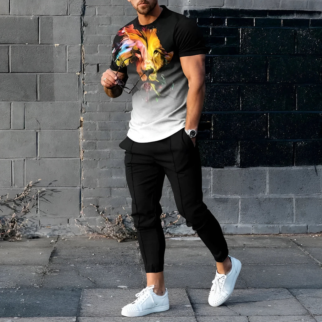 Men's short-sleeved round neck T-shirt and matching trousers set in a solid colour.