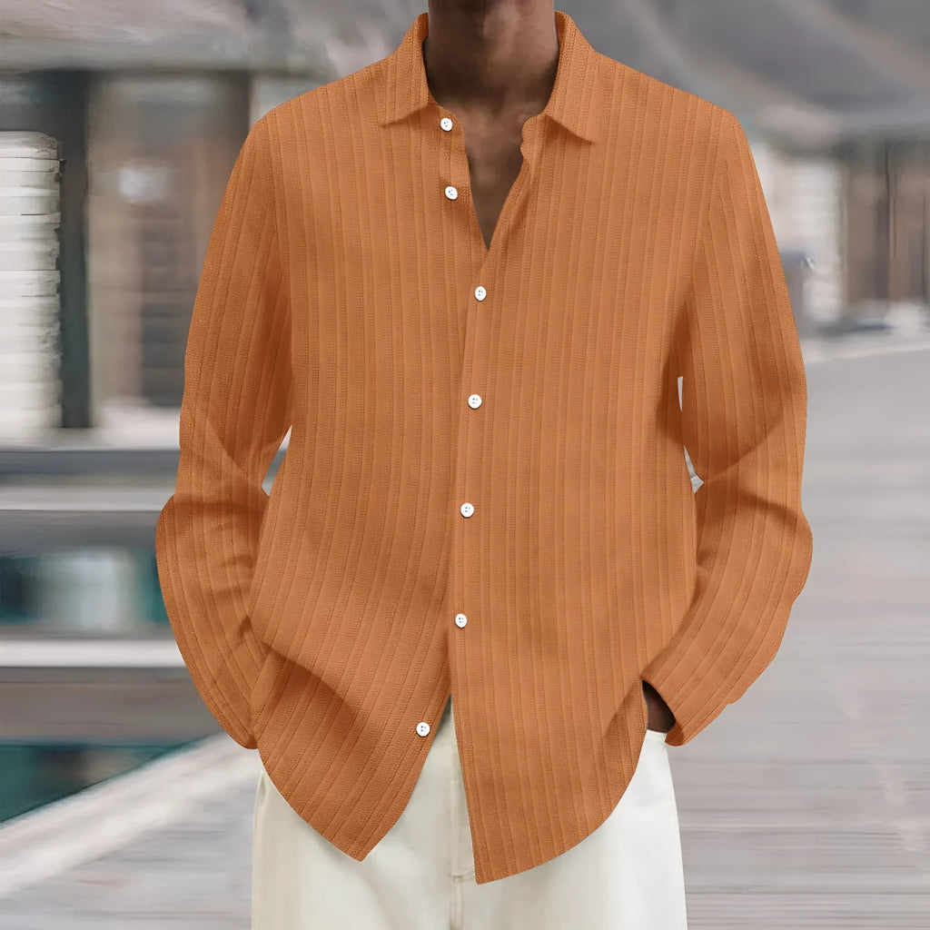 Men's striped long sleeve cardigan shirt in British style loose fit on hanger