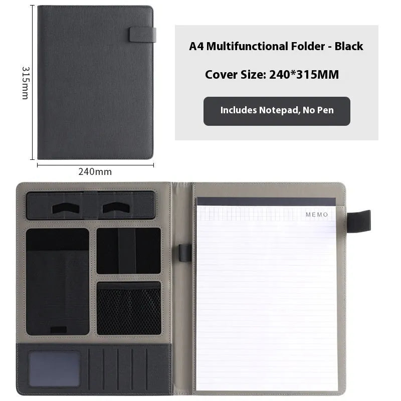 Leather A4 business multifunction folder with notepad and pen holder in black colour