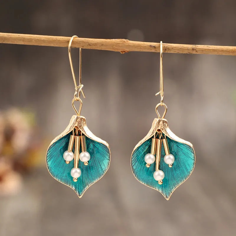 Women's Alloy Flower Earrings with Electroplating Finish - Retro Style Drop Earrings in Blue and Green for Everyday Wear, Dangle Earrings for Women