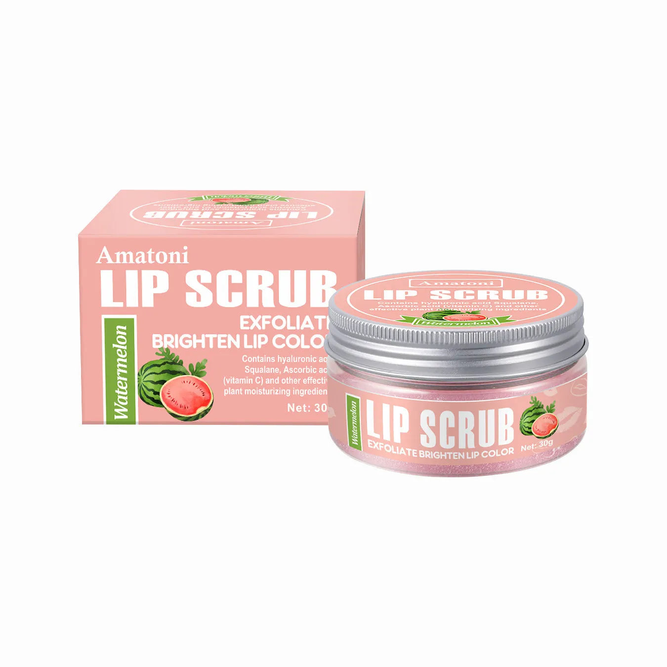 Amatoni lip scrub cream pot in choice of coconut, raspberry, vanilla or watermelon flavour, 30g size