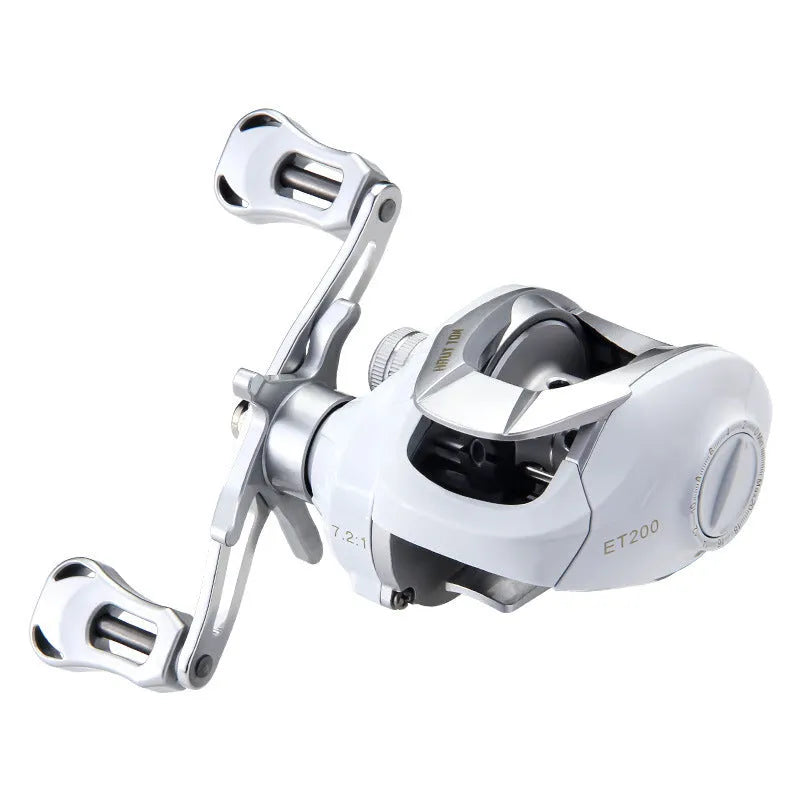 Small white micro baitcasting fishing reel with drip wheel mechanism