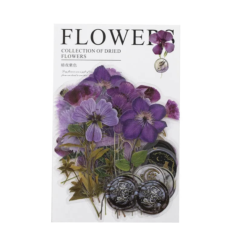 70mm square PET dried flower journal stickers showing eight colour themes including dark night purple and rose nebula