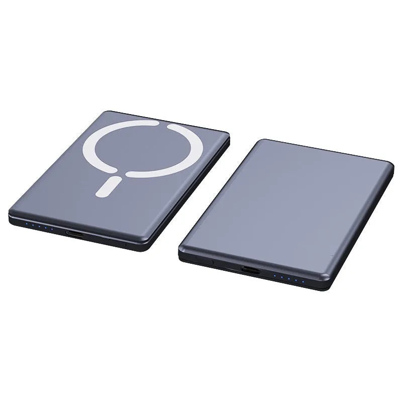 Ultra-thin magnetic power bank measuring 105x66mm in black dark gray silver violet colours