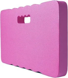 Blue plastic EVA foam garden kneeler pad on grass, showing size and thickness.