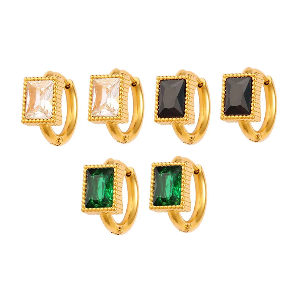 Square geometric design stainless steel earrings with zircon accents in white, black, and green colours.