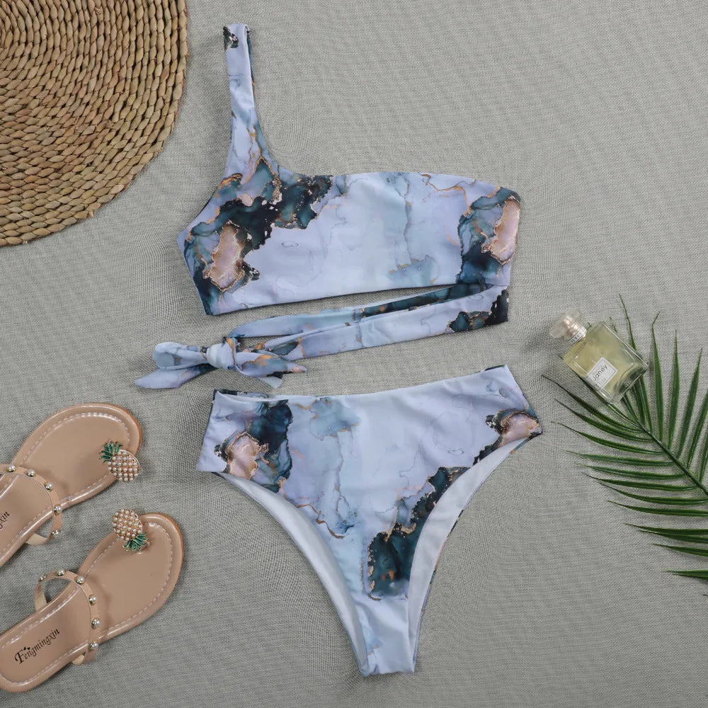 Women's marble tie-dye printed high waist bikini with U-neck design for swimming