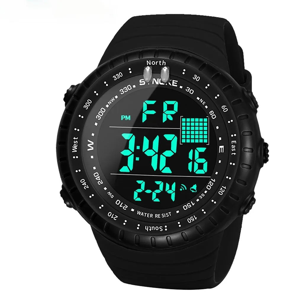 Black men's waterproof outdoor electronic watch with large dial and plastic case
