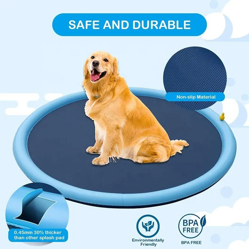 Dog playing on anti-slip inflatable splash pad with integrated sprinkler system outdoors